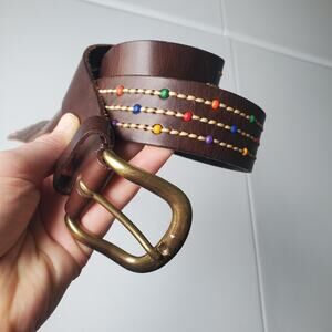 Y2K Fossil Belt Womens Medium Brown Leather Rainbow Beaded Studded Brass Buckle
